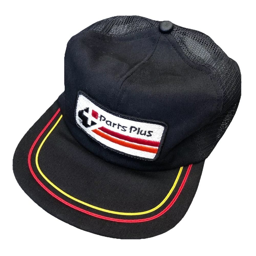 Vintage Trucker Hat Cap Snap Back Black USA Stripes Parts Plus Racing 80s‎ 90s